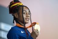 Sha'Carri Richardson won the gold medal for the Women's 100m during the medal ceremony at the World Athletics Championships in Budapest, Hungary. (Photo via Getty Images)